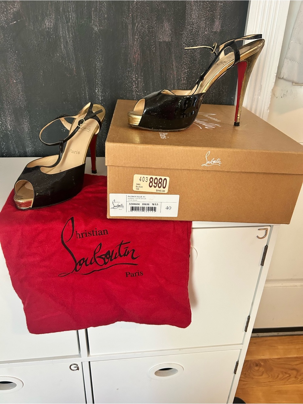 Christian Louboutin Black Patent Peep-Toe Platform Sandals with Gold Trim